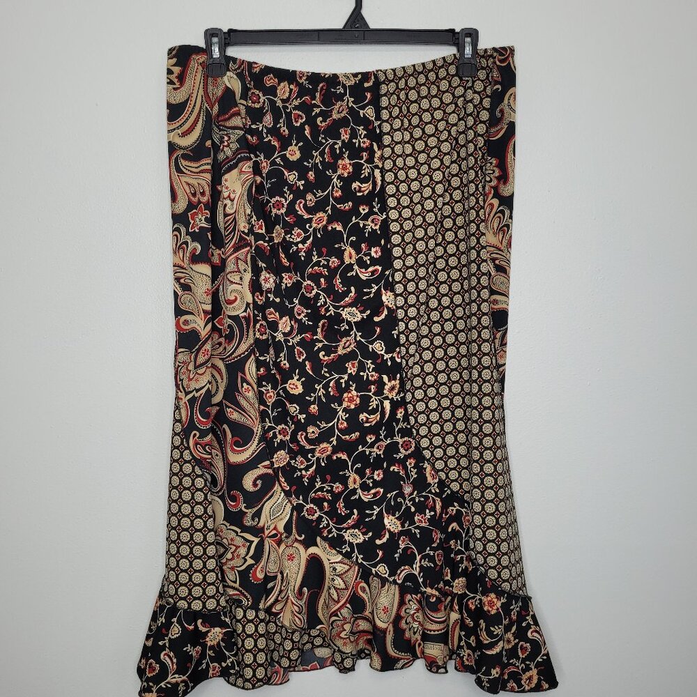 Vintage Outfit black tan red mixed print pull on ruffle artsy quirky skirt xl